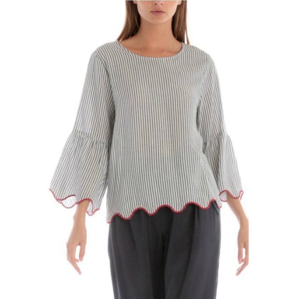 Anthropologie Striped Blouse with Red Trim